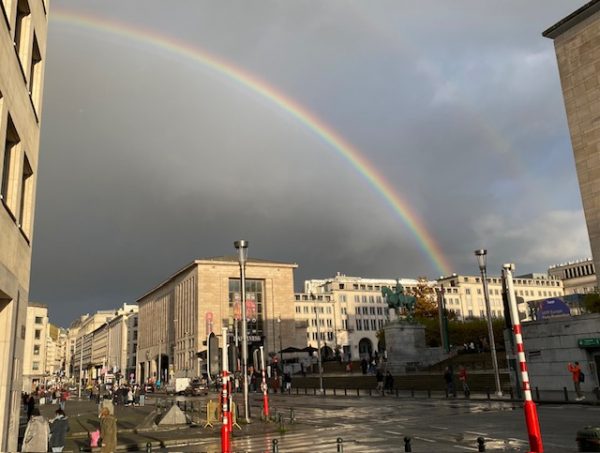 rainbow in front of clouds Brussels Central 2025